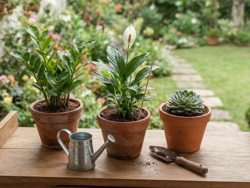 Zamioculca, lírio da paz e Echeveria em vasos com regador e ferramentas de jardinagem.
