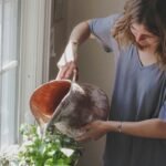 Mulher regando plantas em um vaso retangular próximo a uma janela, usando um regador de cerâmica grande, sob luz natural.