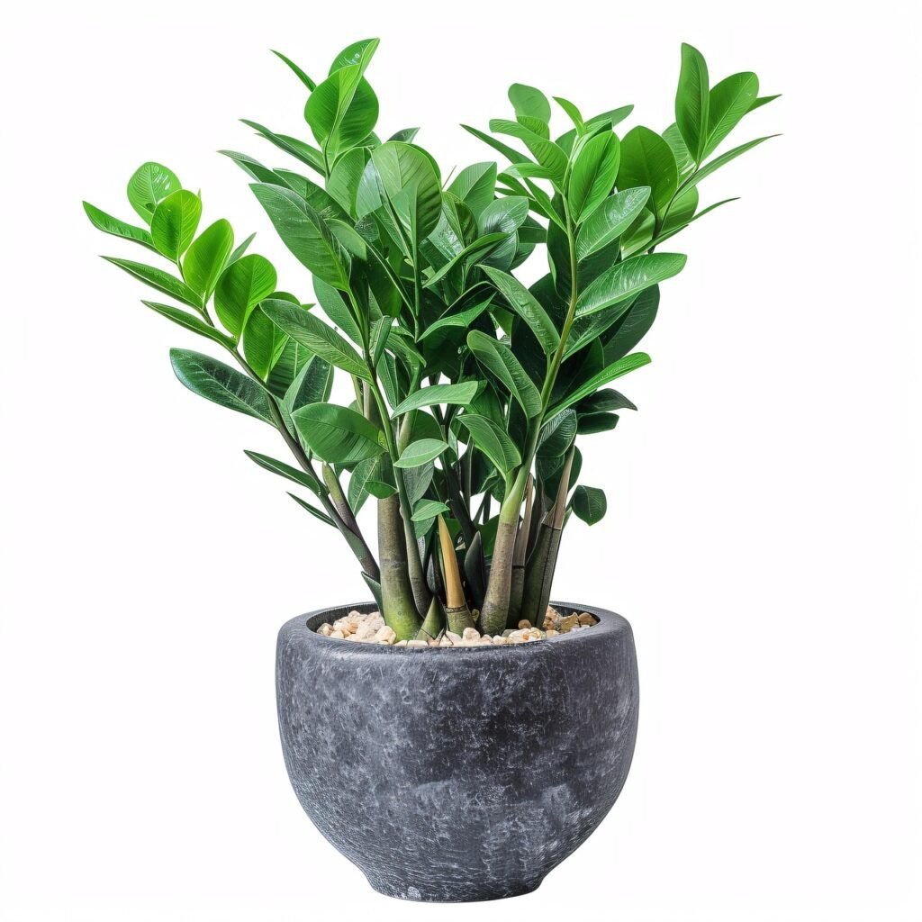 Planta Zamioculca em vaso cinza decorativo com acabamento em pedra e pedrinhas brancas, ideal para ambientes internos por sua resistência e baixa manutenção."