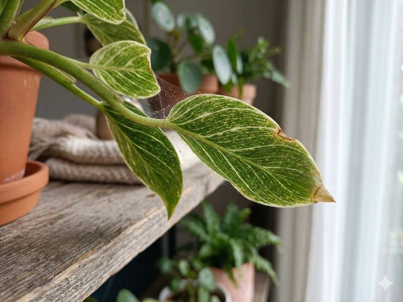 Ácaros sintomas discretos que passam despercebidos com teia fina entre folhas de planta de interior