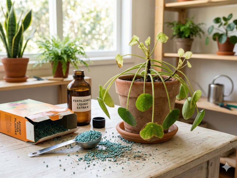 Adubação em excesso em planta de interior com fertilizante visível e sinais de enfraquecimento