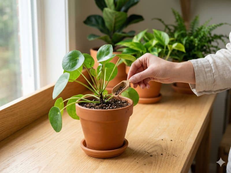 Adubar sem exageros em planta de interior com aplicação controlada de fertilizante