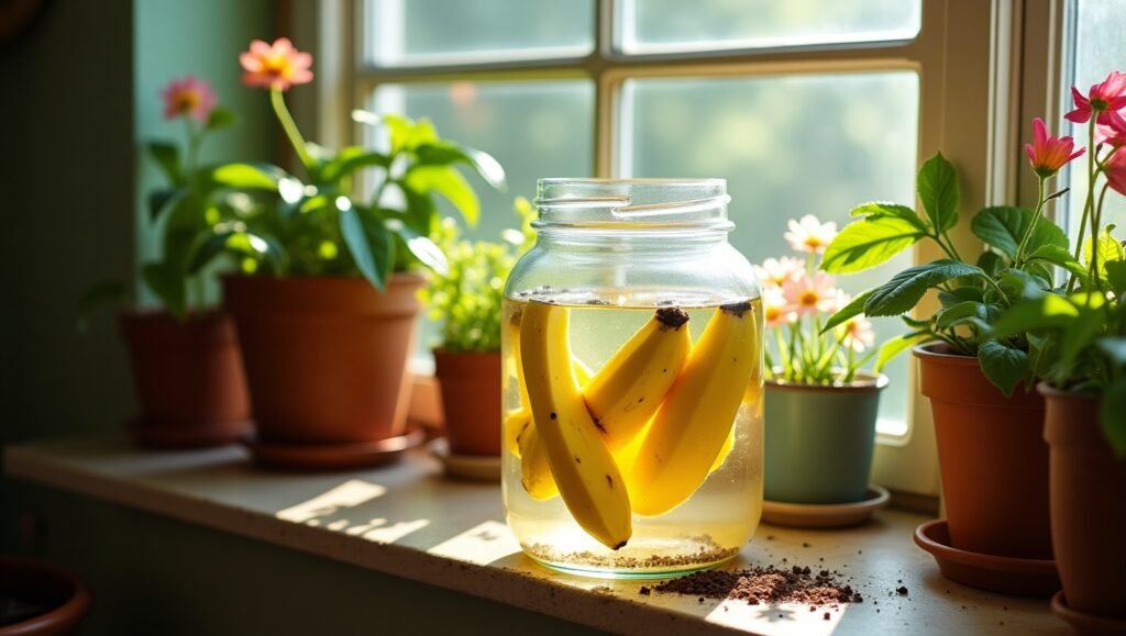 Jarro de vidro com bananas inteiras em água, usado como fertilizante natural para plantas em vasos, próximo a uma janela ensolarada.