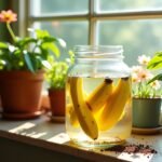 Jarro de vidro com bananas inteiras em água, usado como fertilizante natural para plantas em vasos, próximo a uma janela ensolarada.