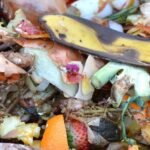 Restos orgânicos de frutas e legumes, como casca de banana e pedaços de laranja, prontos para compostagem e produção de adubo natural.