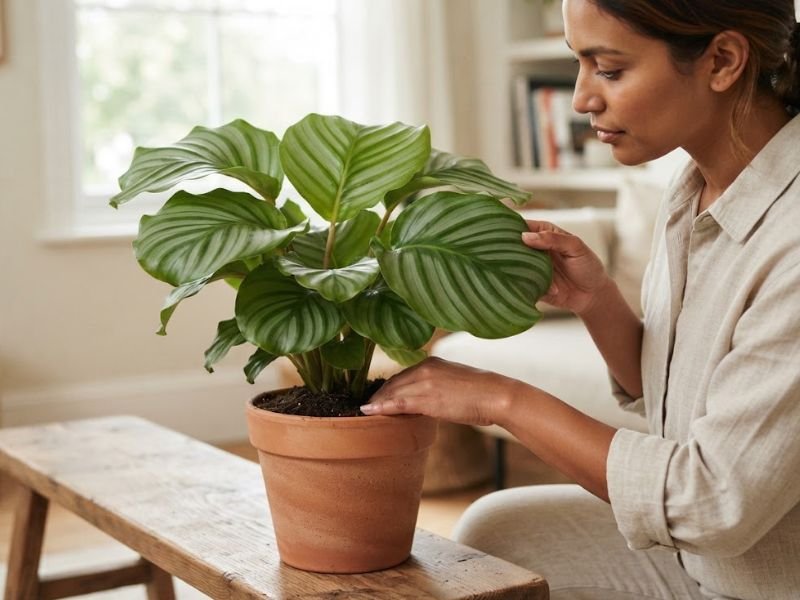 Pessoa cuidando de uma calathea orbifolia em vaso com luz indireta suave