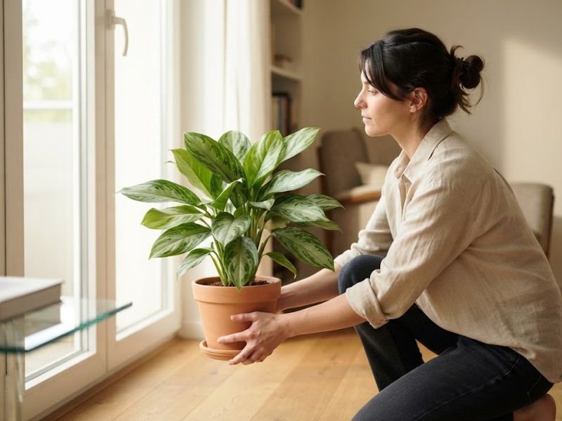 Pessoa observando uma aglaonema próxima de janela para avaliar a luminosidade do ambiente