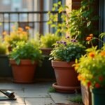 Varanda com vasos de plantas, flores e ervas cultivadas, ao lado de garrafas de fertilizante líquido natural, em um ambiente ensolarado