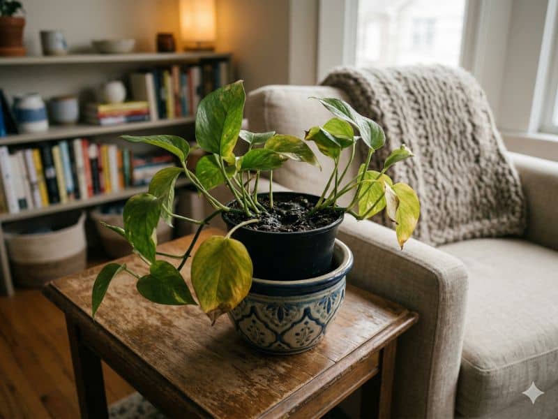 Planta de interior com sinais leves de estresse em sala bem decorada