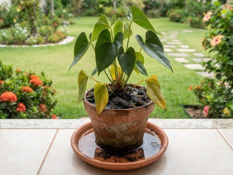 Planta ornamental com folhas amarelas em vaso com água acumulada no pratinho.