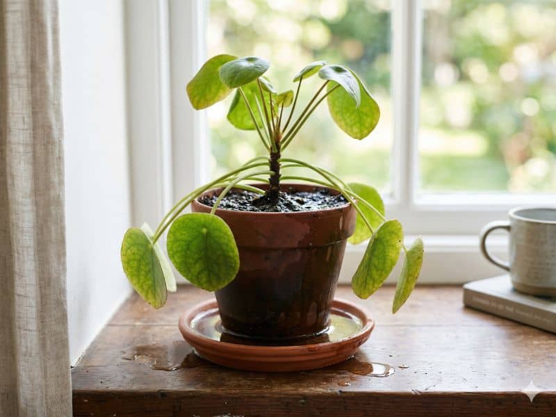 Excesso de rega em planta de interior com substrato encharcado, prato com água e folhas caídas
