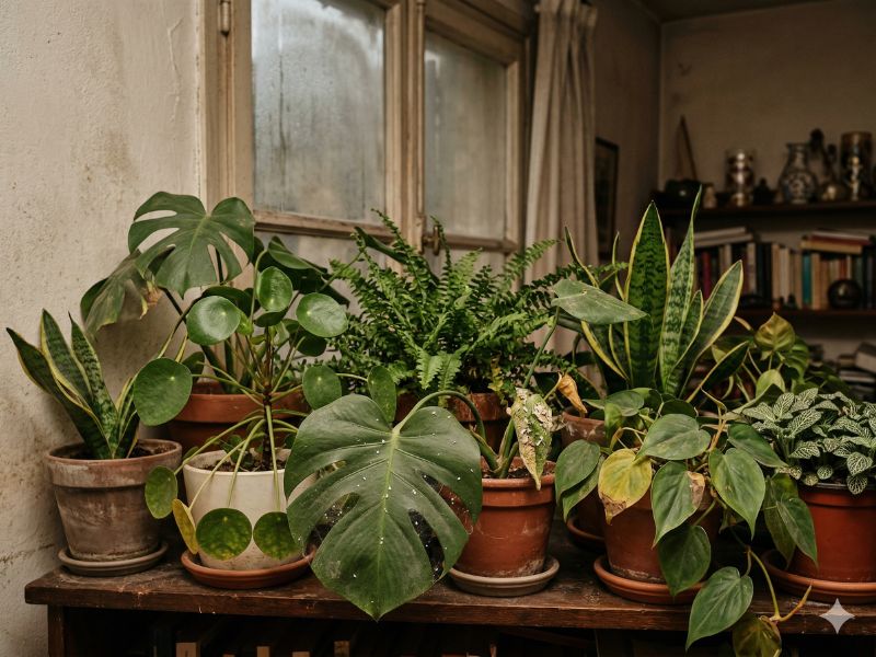 Falta de ventilação em plantas de interior agrupadas em ambiente fechado e abafado