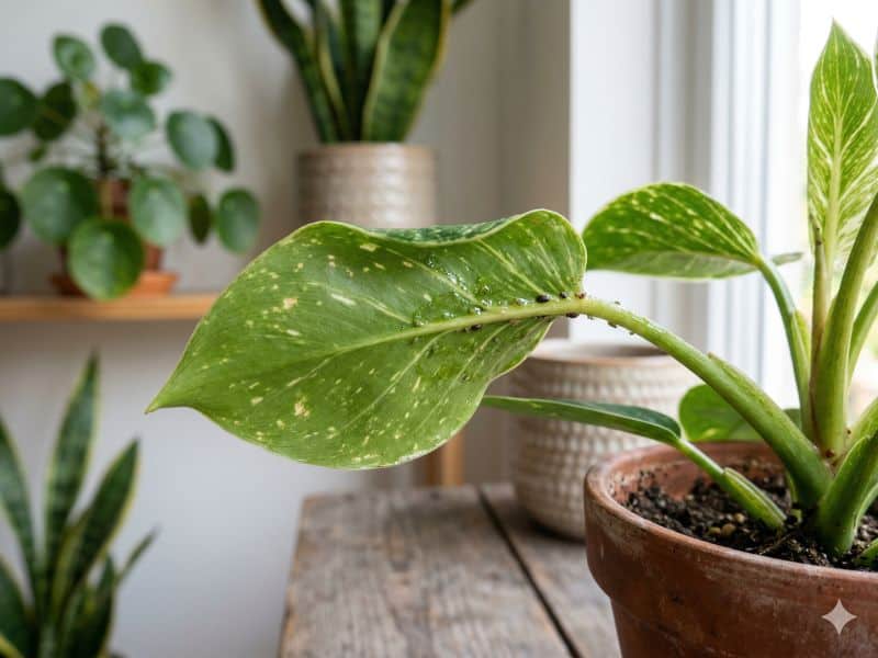 Folhas manchadas pegajosas ou deformadas em planta de interior com sinais visíveis na folha