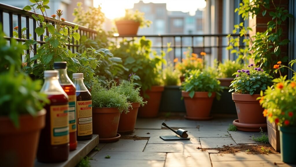 Varanda com vasos de plantas, flores e ervas cultivadas, ao lado de garrafas de fertilizante líquido natural, em um ambiente ensolarado