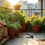 Varanda com vasos de plantas, flores e ervas cultivadas, ao lado de garrafas de fertilizante líquido natural, em um ambiente ensolarado