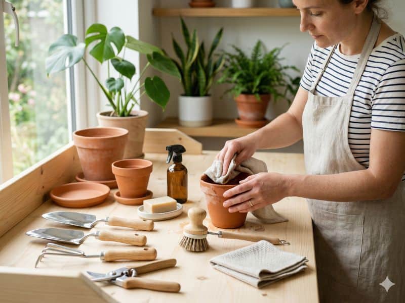 Limpar vasos pratos e ferramentas no cultivo doméstico para prevenir pragas de plantas