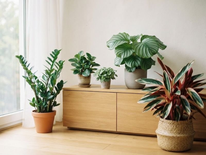 Zamioculca, peperômia, maranta-tricolor, calathea orbifolia e fitônia em ambiente interno claro
