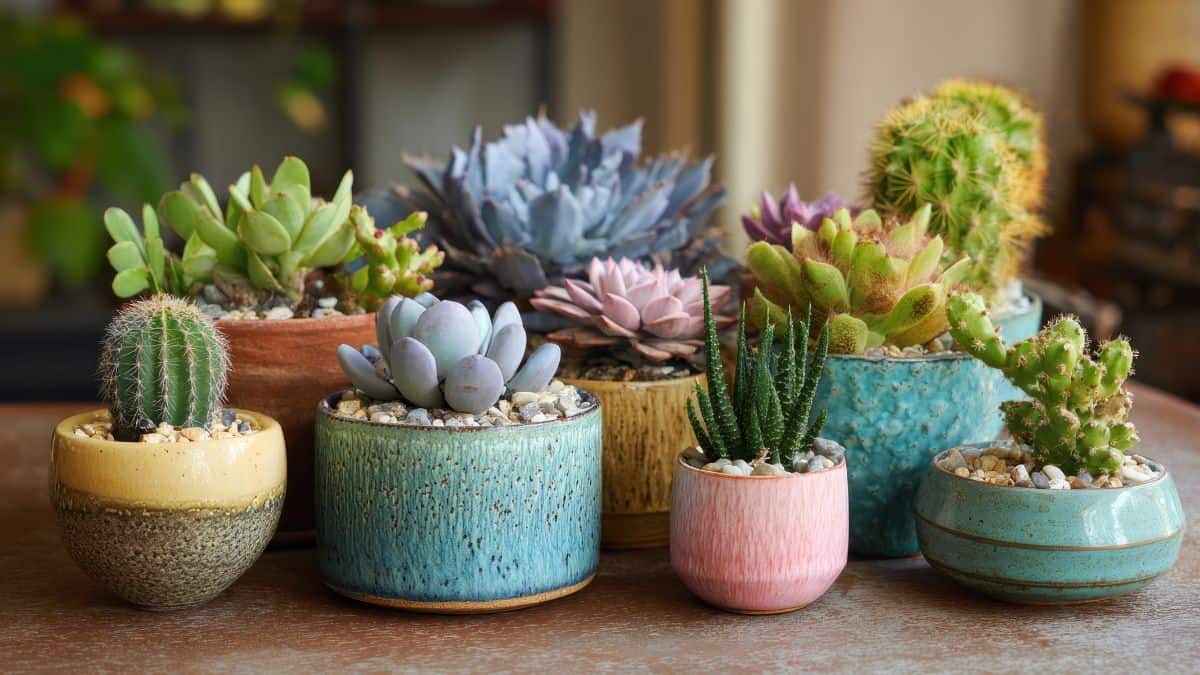 Coleção de suculentas e cactos em vasos decorativos, ideais para cultivo dentro de casa, com diferentes formatos, cores e texturas