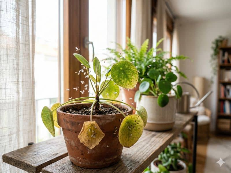 Mosca-branca quando a planta perde vigor em vaso com folhas amareladas e insetos brancos