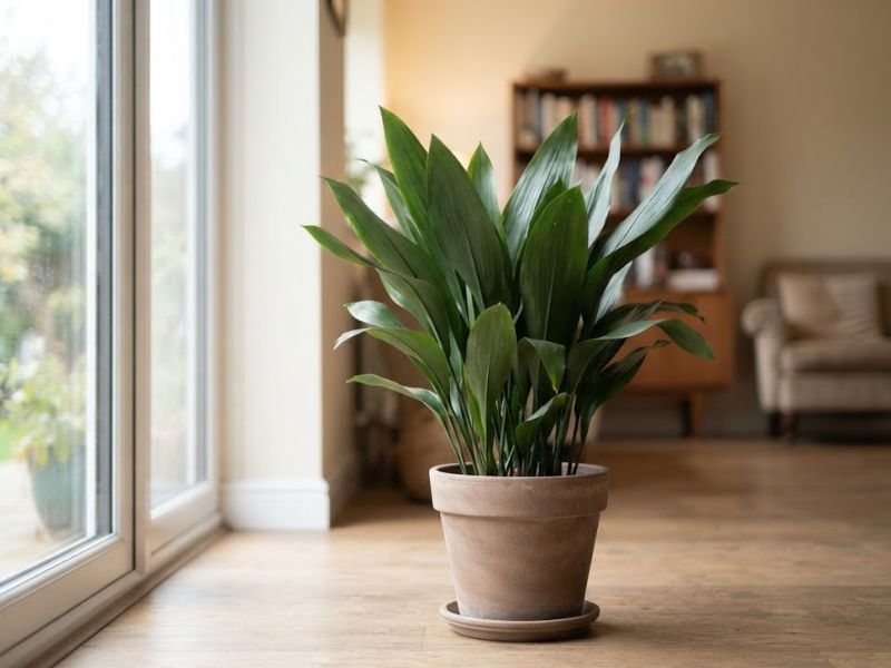 Aspidistra em vaso posicionada a alguns metros de uma janela com luz indireta