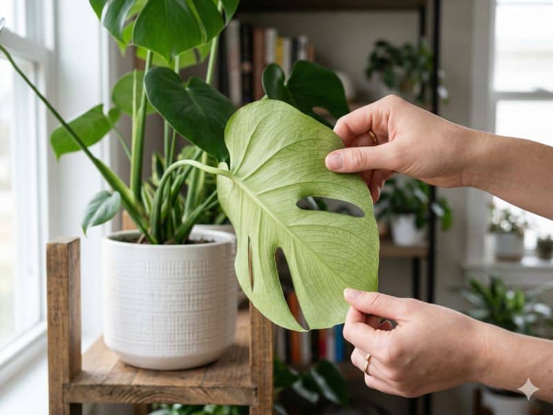 Observar o verso das folhas toda semana em planta de interior durante rotina de prevenção de pragas