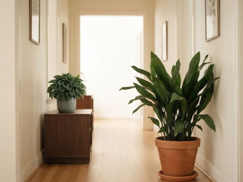 Aspidistra no chão e peperômia sobre móvel em corredor claro com luz indireta