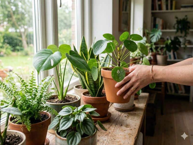Plantas novas sem observação prévia sendo colocadas perto de outras plantas em ambiente interno