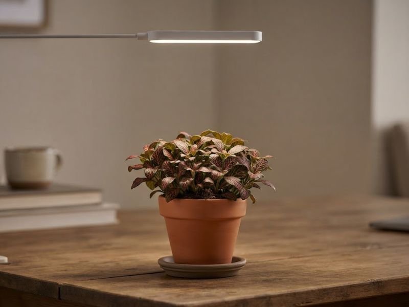 Fitônia em pequeno vaso sob luminária branca de cultivo em ambiente interno