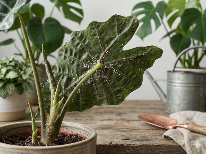 Pontos brancos teias finas e pequenos insetos escondidos em folha de planta de interior