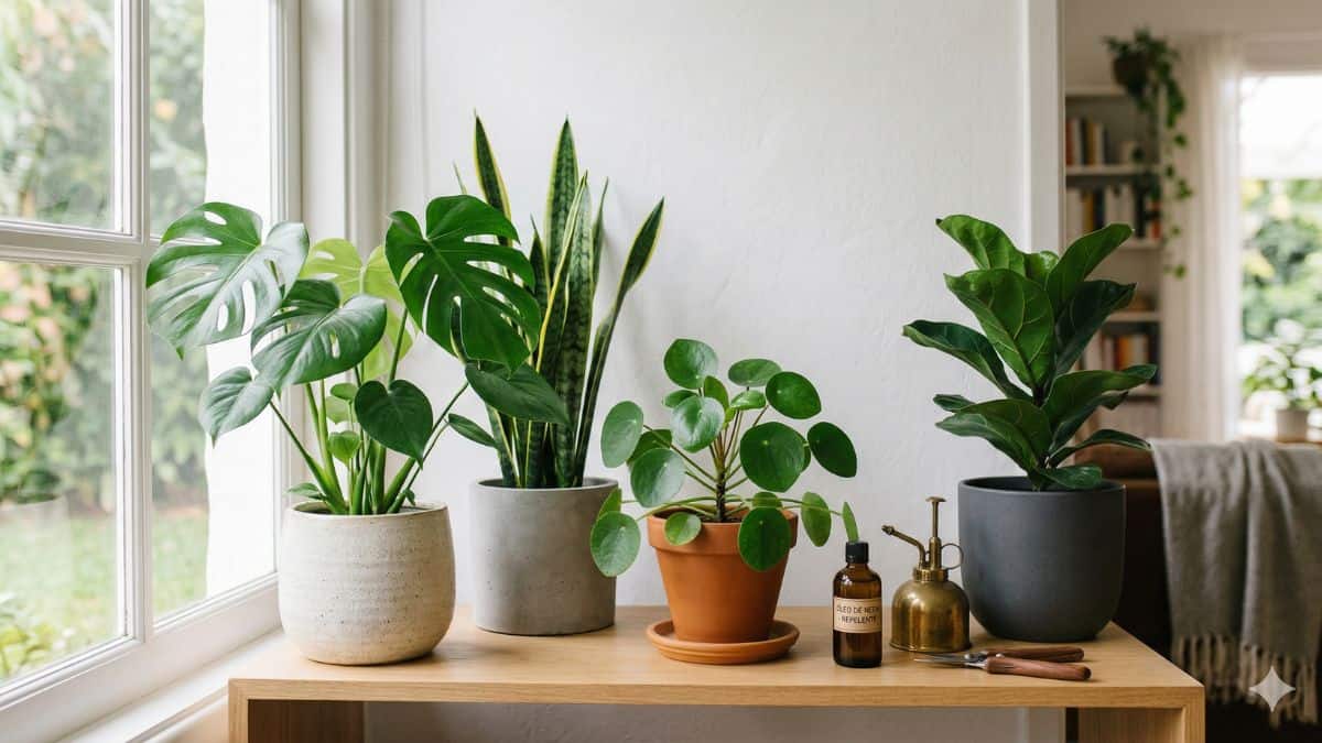 Pragas de plantas em casa: plantas de interior saudáveis em vasos com cuidados preventivos em ambiente bem iluminado