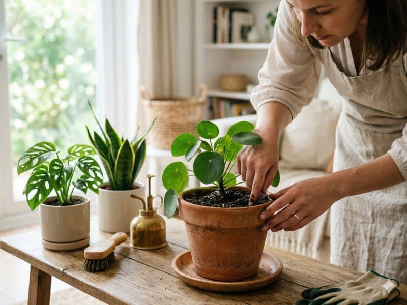 Regar apenas quando o substrato pedir em planta de interior com verificação da umidade do vaso