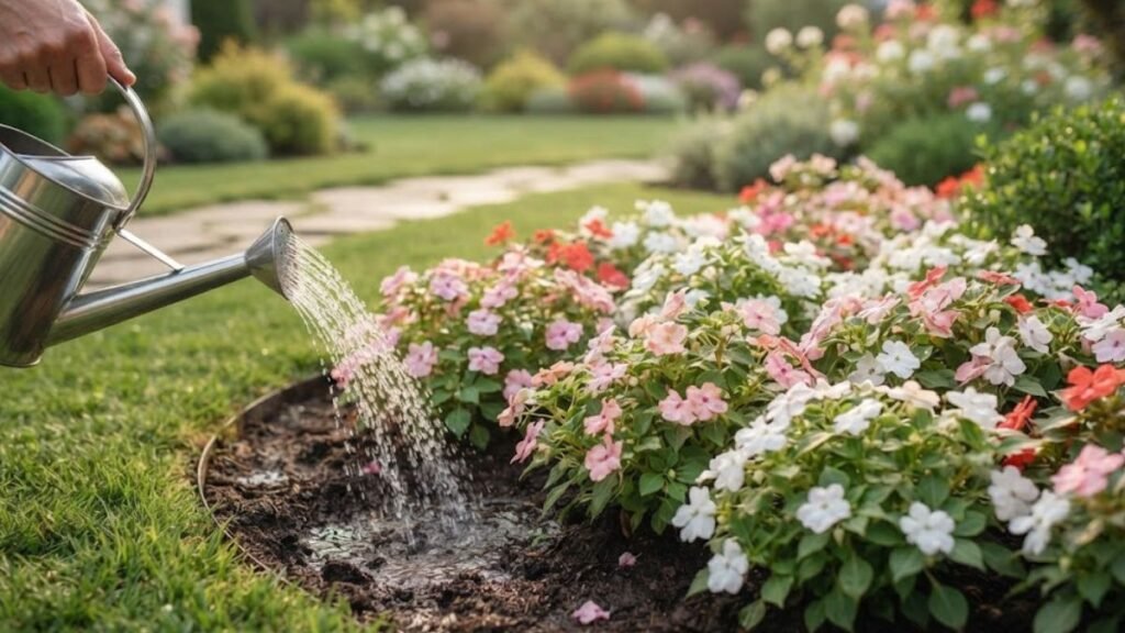 Regar plantas em canteiro de impatiens rosadas e brancas com regador metálico.