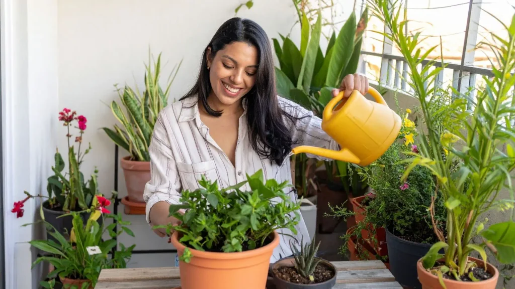 Mulher regando plantas em vasos na varanda com regador amarelo, mostrando a importância de regar plantas da maneira certa.