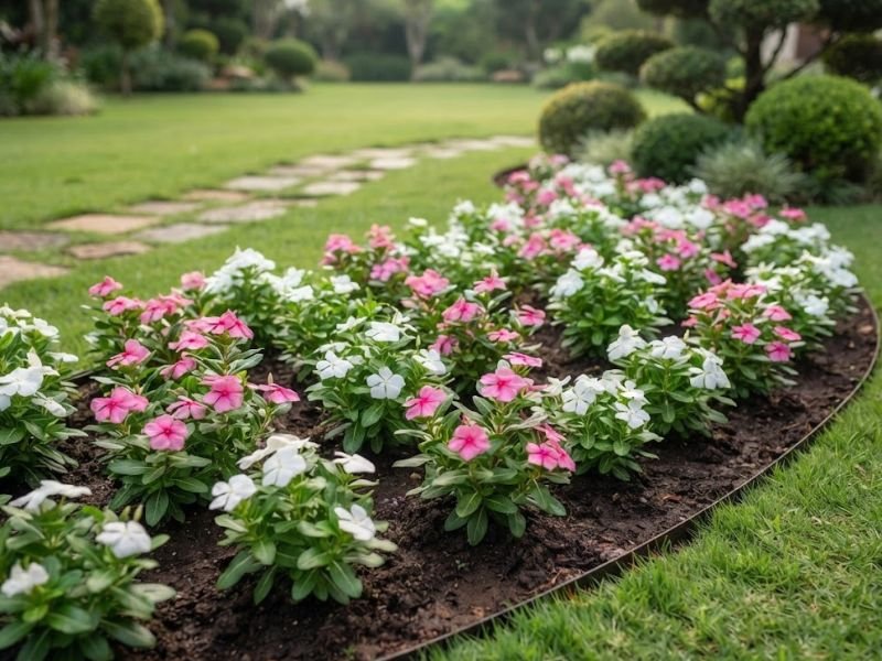 Canteiro de vincas rosadas e brancas com folhas saudáveis em jardim residencial.