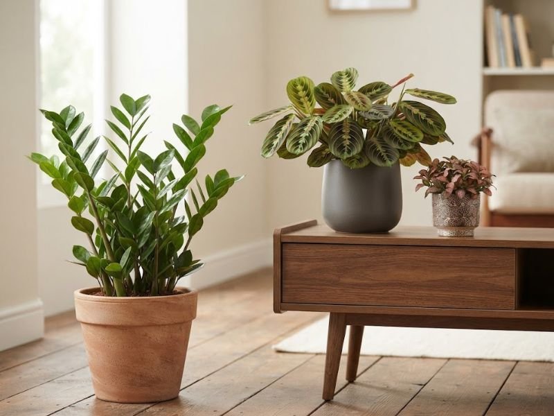 Zamioculca, maranta-tricolor e fitônia em ambiente interno acolhedor com luz indireta