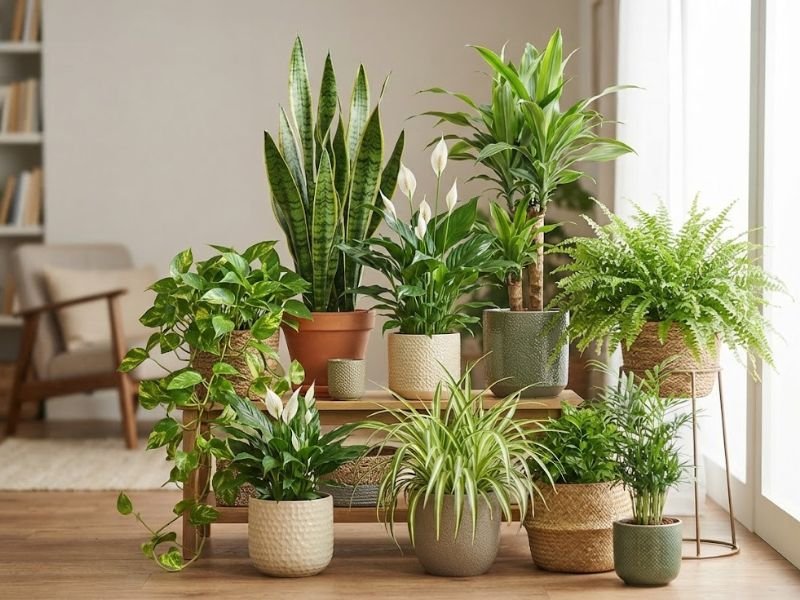 Grupo de plantas que purificam o ar com espada-de-São-Jorge, jiboia, lírio-da-paz e dracena