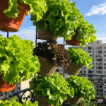 Jardineiras suspensas com alface crespa saudável em varanda arejada, exemplo inspirador para quem quer saber como plantar alface em pequenos espaços.