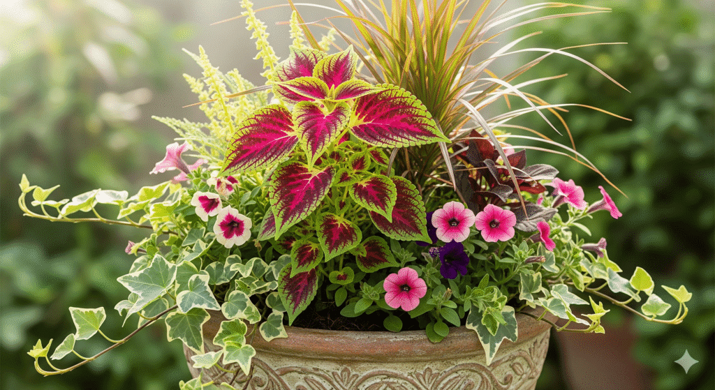 Arranjo de vaso com coleus de folhas verdes e bordô, acompanhado de flores coloridas e folhagens decorativas.