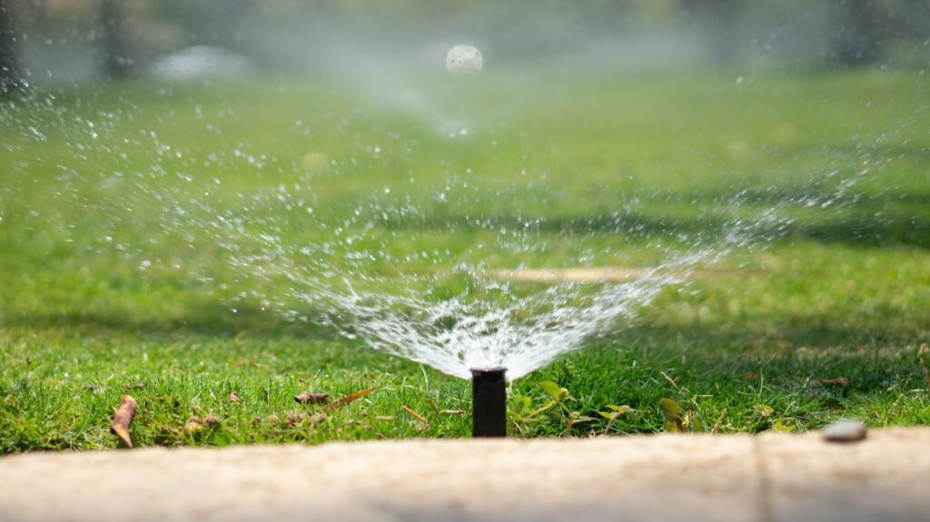 Aspersor de irrigação automática em funcionamento, regando o gramado de forma uniforme no jardim.