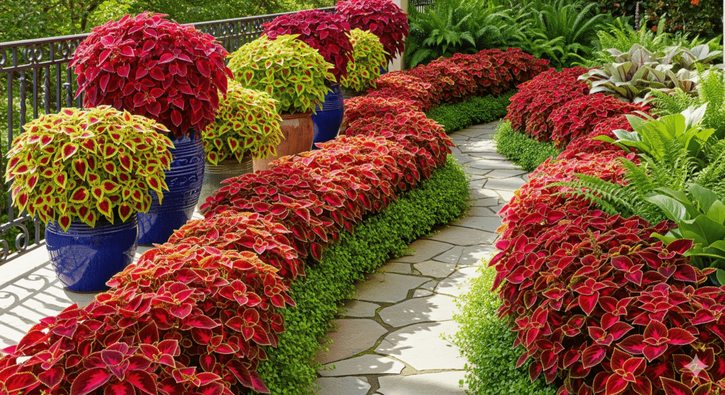 Bordadura de Coleus Coração-Magoado em canteiro de jardim