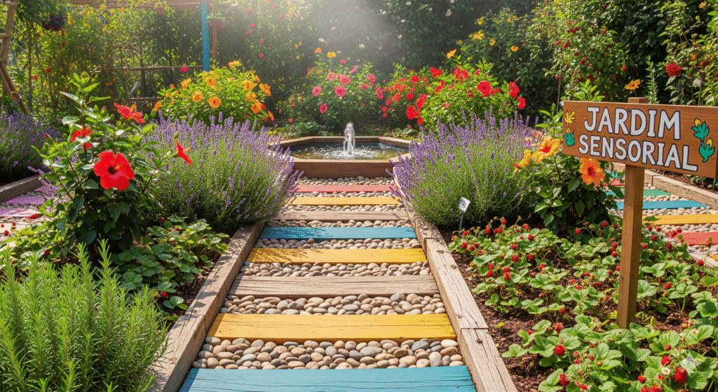 Caminho colorido de pedras em um jardim sensorial com hibiscos, lavandas, morangos e uma fonte de água ao fundo, criando um ambiente de estímulo aos sentidos.
