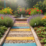 Caminho colorido de pedras em um jardim sensorial com hibiscos, lavandas, morangos e uma fonte de água ao fundo, criando um ambiente de estímulo aos sentidos.