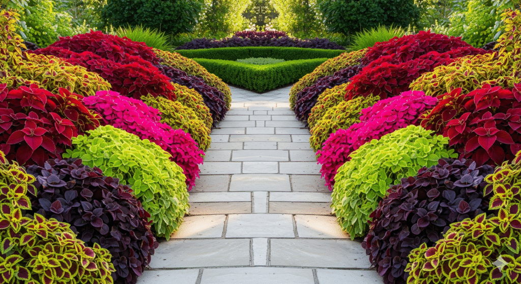 Caminho de jardim com bordadura de Coleus.
