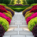 Caminho de jardim com bordadura de Coleus.