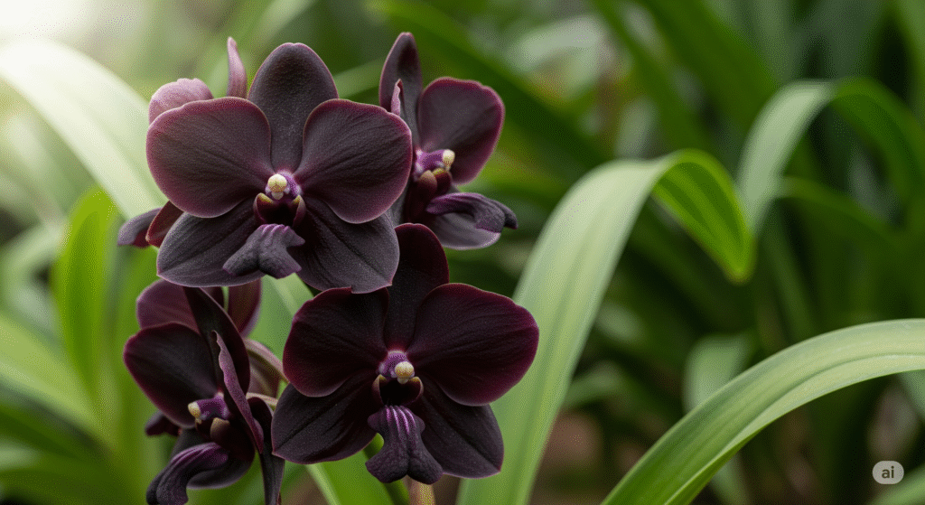 Close-up da rara Orquídea Negra (Fredclarkeara After Dark) com pétalas aveludadas em tom preto intenso, em contraste com folhagem verde ao fundo