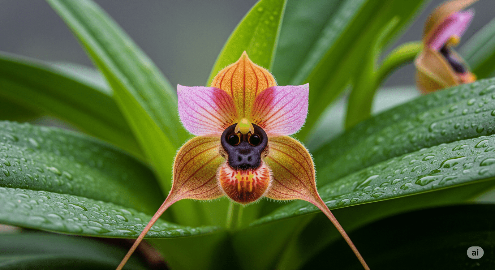 Close-up da rara orquídea Dracula simia, conhecida como orquídea-macaco, com pétalas em tons de rosa, laranja e detalhes que lembram o rosto de um macaco, sobre folhas verdes com gotas de orvalho.