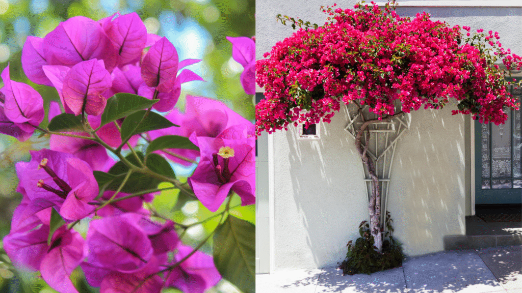 Close-up vibrante de uma Bougainvillea com flores roxas intensas em pleno florescimento, destacando as brácteas coloridas contra um fundo verde.