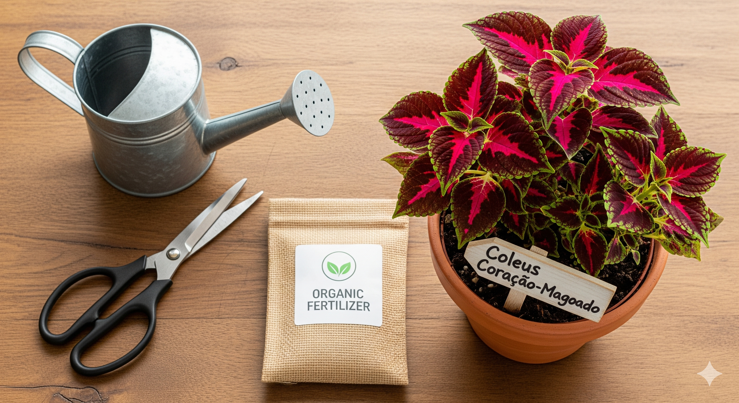 Coleus Coração-Magoado em vaso com ferramentas de cultivo.