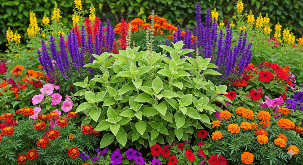 Coleus barbatus em jardim, contrastando com plantas ornamentais coloridas