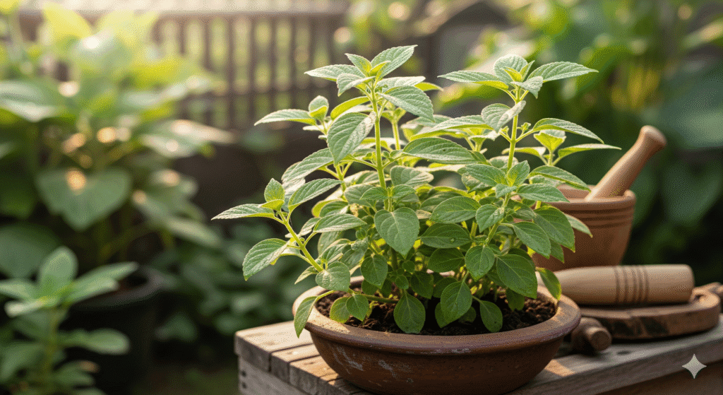 Coleus barbatus em vaso de barro iluminado pelo sol da manhã, simbolizando saúde e vitalidade.